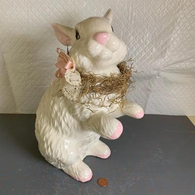 Large Sitting Ceramic Rabbit with Nest (Pink & Off White)