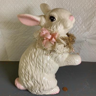 Large Sitting Ceramic Rabbit with Nest (Pink & Off White)