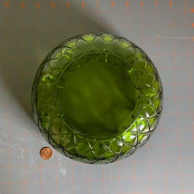 Green Glass Bowl & Misc. basket