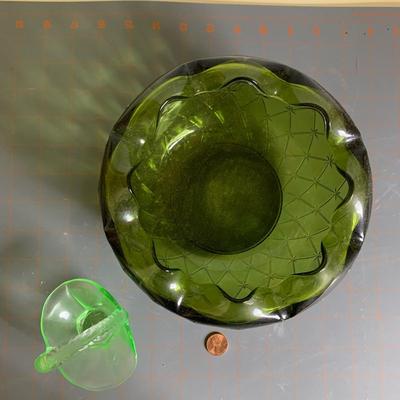 Green Glass Bowl & Misc. basket