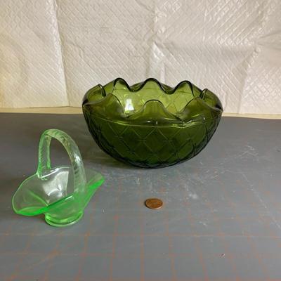 Green Glass Bowl & Misc. basket