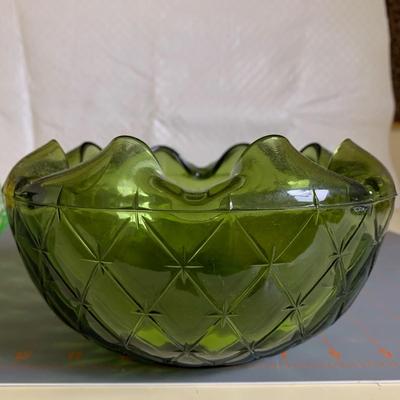 Green Glass Bowl & Misc. basket