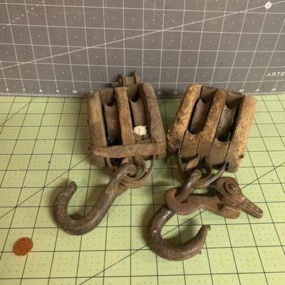 Set of 2 Triple Pulley Rusty Primitive Barn Pulley Hook