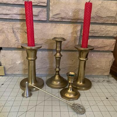 4 Brass Candle Holders, Candles & Flame Damper