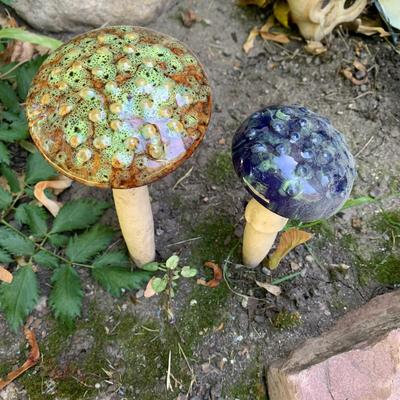 Ceramic Garden Mushroom With Green and Blue