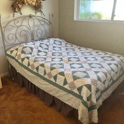 Full size bed, frame,  mattress and quilted bed spread