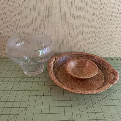 Brown Serving Platter with Sauce Bowl & Drinking Glass /Vase 7" High x5"wide