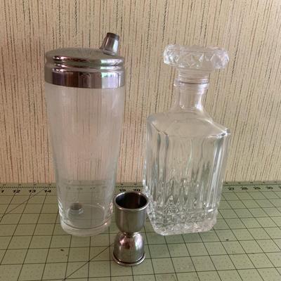 1 Whiskey Decanter, 1 Glass Cocktail Shaker with Chrome Lid with Cocktail Measuring Cup