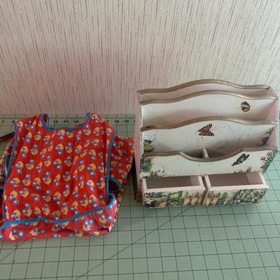 Red with Blue Apron and 1 Wooden Green Kitchen Rack