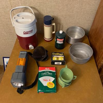 Camping lot: Vintage Coleman Burgundy 1/2 Gallon Thermos, Torch Light, Cone Coffee Filter, Coleman Propane Fuel, 2 pots