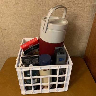 Camping lot: Vintage Coleman Burgundy 1/2 Gallon Thermos, Torch Light, Cone Coffee Filter, Coleman Propane Fuel, 2 pots