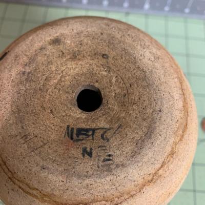 Glazed blue white flower brown beige stoneware pot