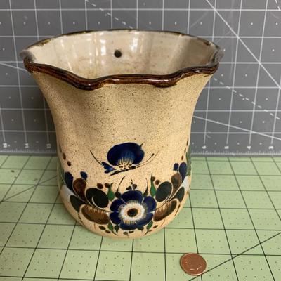 Glazed blue white flower brown beige stoneware pot