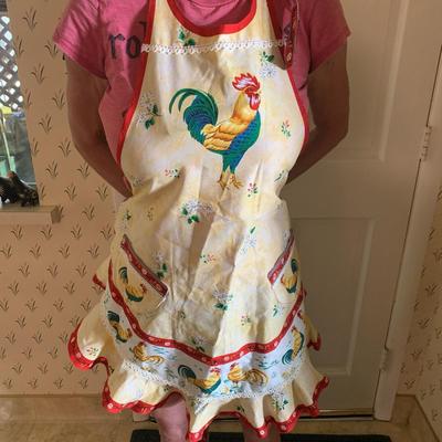 Rooster apron, dish cloth, pillow and rooster statue