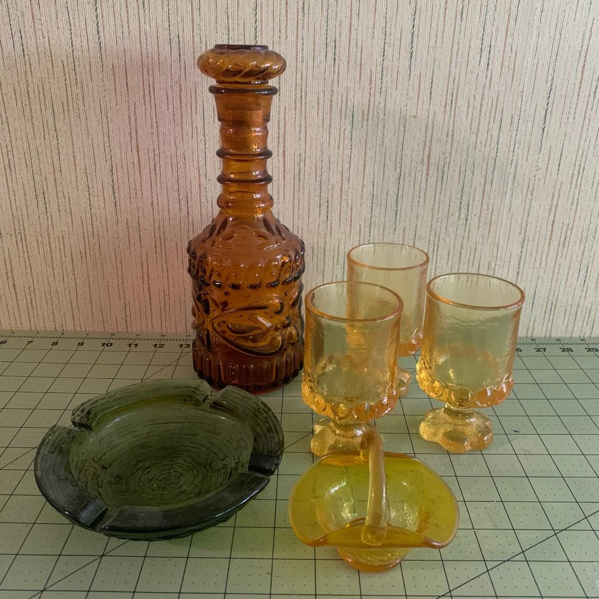 Colorful Glassware + Ashtray + Decanter + Basket
