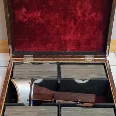Antique Stereograph Viewer, Many Cards and Cabinet Box