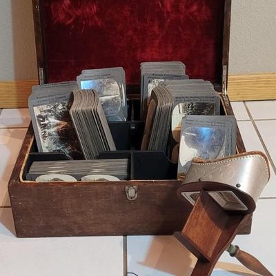 Antique Stereograph Viewer, Many Cards and Cabinet Box