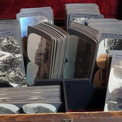 Antique Stereograph Viewer, Many Cards and Cabinet Box