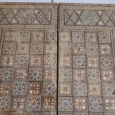 Vintage Persian Inlay Chess & Backgammon Boards With Carved Chess Pieces