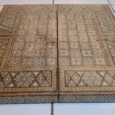 Vintage Persian Inlay Chess & Backgammon Boards With Carved Chess Pieces