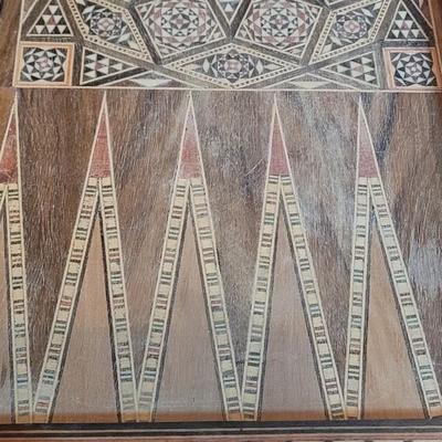 Vintage Persian Inlay Chess & Backgammon Boards With Carved Chess Pieces