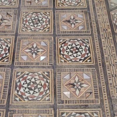Vintage Persian Inlay Chess & Backgammon Boards With Carved Chess Pieces