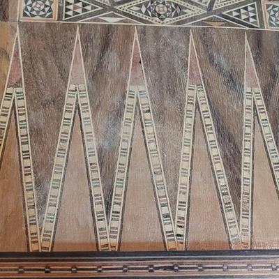 Vintage Persian Inlay Chess & Backgammon Boards With Carved Chess Pieces