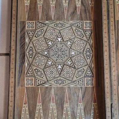 Vintage Persian Inlay Chess & Backgammon Boards With Carved Chess Pieces