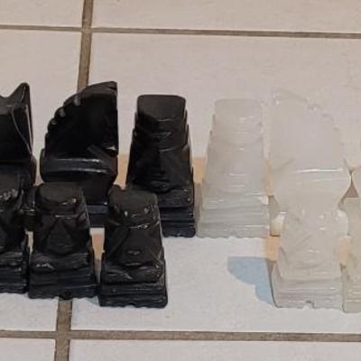 Vintage Persian Inlay Chess & Backgammon Boards With Carved Chess Pieces