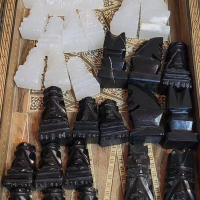 Vintage Persian Inlay Chess & Backgammon Boards With Carved Chess Pieces