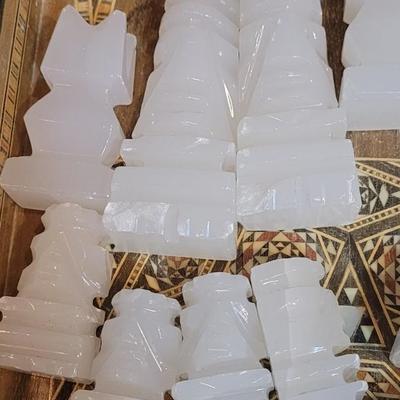 Vintage Persian Inlay Chess & Backgammon Boards With Carved Chess Pieces