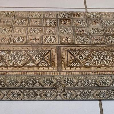Vintage Persian Inlay Chess & Backgammon Boards With Carved Chess Pieces