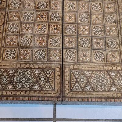 Vintage Persian Inlay Chess & Backgammon Boards With Carved Chess Pieces
