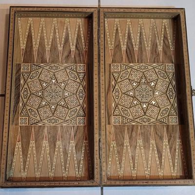 Vintage Persian Inlay Chess & Backgammon Boards With Carved Chess Pieces