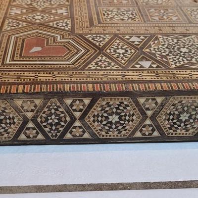 Vintage Persian Inlay Chess & Backgammon Boards With Carved Chess Pieces