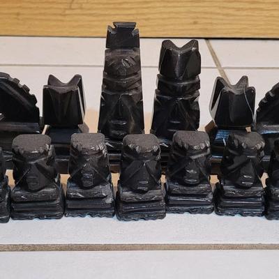 Vintage Persian Inlay Chess & Backgammon Boards With Carved Chess Pieces