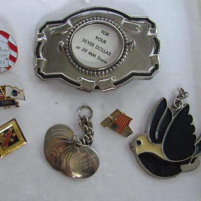 Junk Drawer Lot: Belt Buckle, Patriotic Pins, 10 Commandments Charms