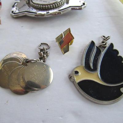 Junk Drawer Lot: Belt Buckle, Patriotic Pins, 10 Commandments Charms
