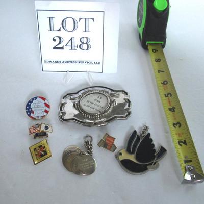 Junk Drawer Lot: Belt Buckle, Patriotic Pins, 10 Commandments Charms