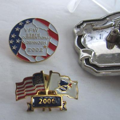 Junk Drawer Lot: Belt Buckle, Patriotic Pins, 10 Commandments Charms