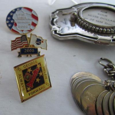 Junk Drawer Lot: Belt Buckle, Patriotic Pins, 10 Commandments Charms