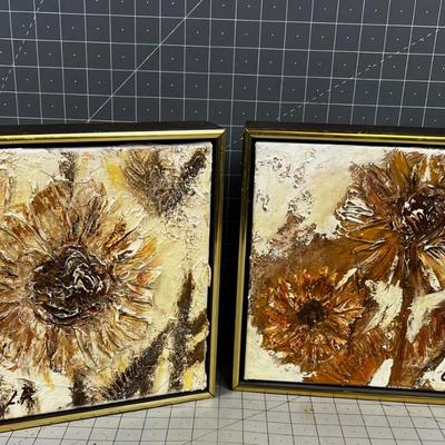 Pair of Paintings Brown Toned Floral Thick, Relief 