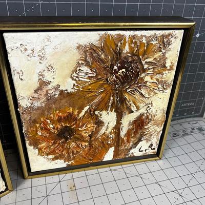 Pair of Paintings Brown Toned Floral Thick, Relief 