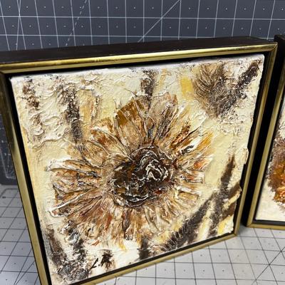 Pair of Paintings Brown Toned Floral Thick, Relief 