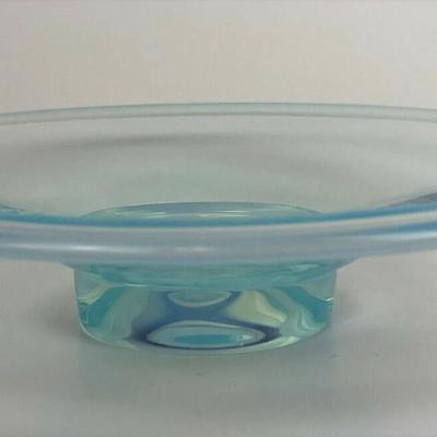 mid century modern hand blown PALE BLUE TINTED FOOTED GLASS DISH