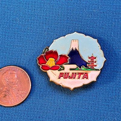 VINTAGE FUJITA JAPAN ENAMELED PIN PAGODA, MOUNTAIN, FLOWER