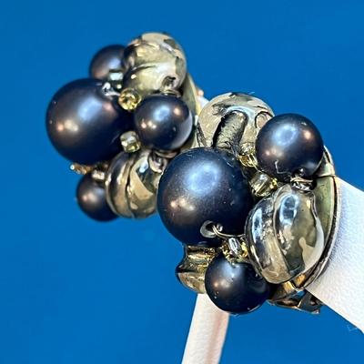 VINTAGE BLACK, GOLD MULTI-BEAD CLUSTER EARRINGS HONG KONG