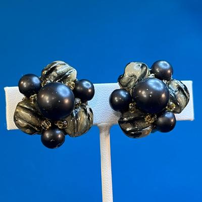 VINTAGE BLACK, GOLD MULTI-BEAD CLUSTER EARRINGS HONG KONG