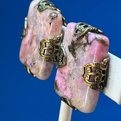 VINTAGE PINK POLISHED STONES SET IN FANCY BRASS FRAMES EARRINGS