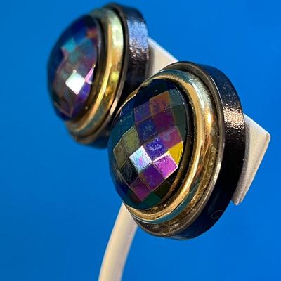 VINTAGE IRIDESCENT FACETED BUTTON EARRINGS ARTIST SIGNED